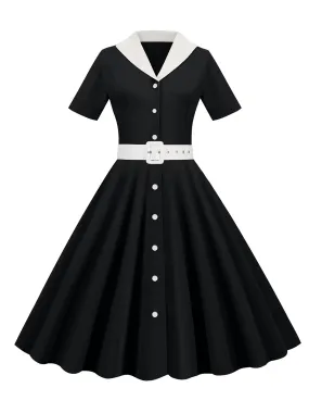 1950s Solid Contrast Lapel Belt Dress