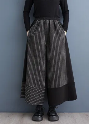 2024 New Black Striped Patchwork Elastic Waist Woolen Wide Leg Pants Spring