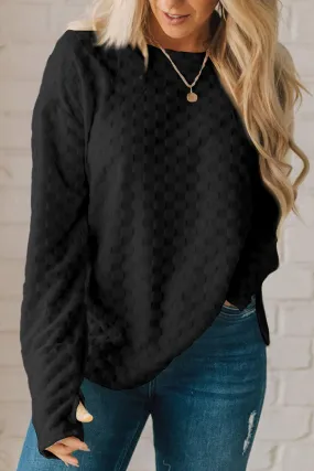 Black Solid Textured Thumbhole Sleeve Top