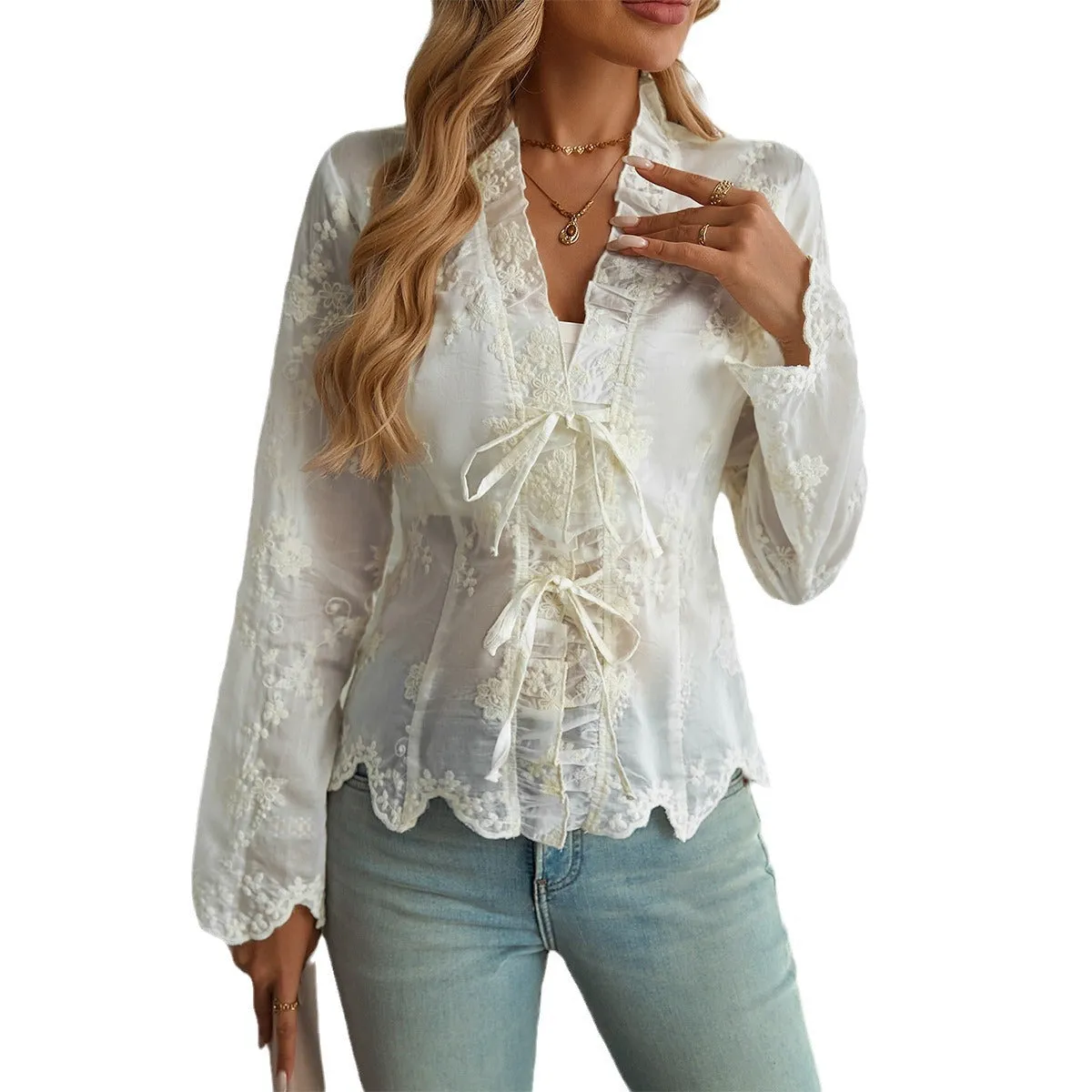 Cardigan Embroidered V-Neck Long Sleeve Lace Blouse Wholesale Womens Clothing N3824082000010