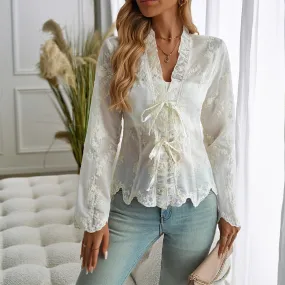 Cardigan Embroidered V-Neck Long Sleeve Lace Blouse Wholesale Womens Clothing N3824082000010