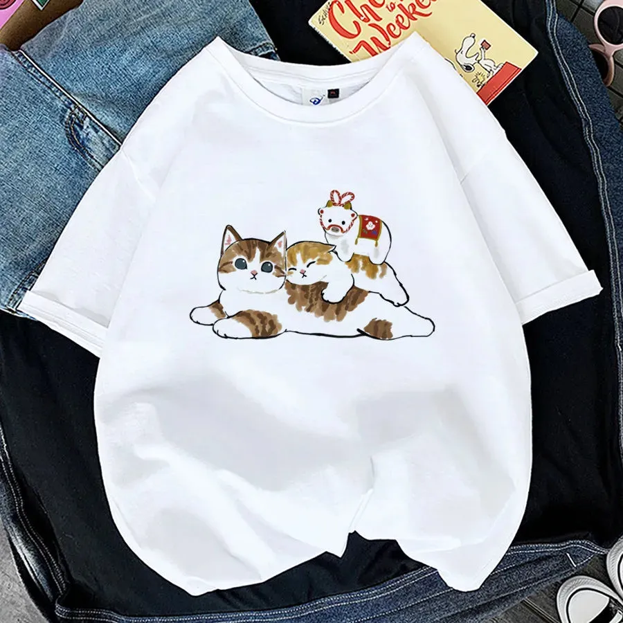 Charming Cat Print T-Shirts