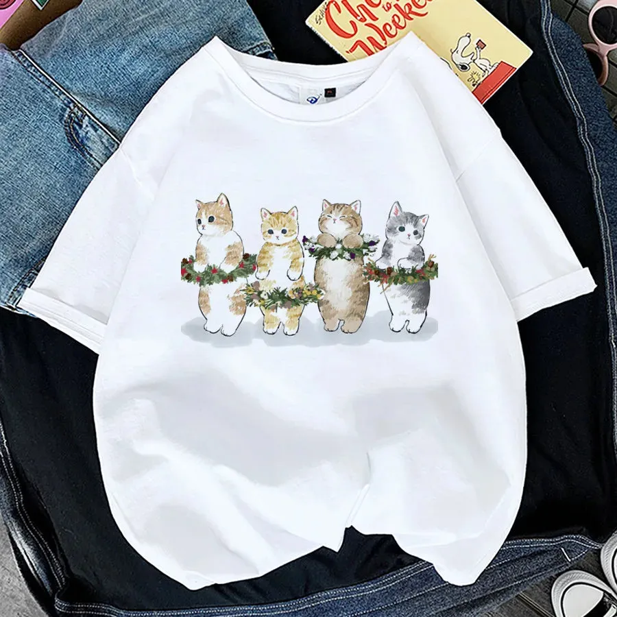 Charming Cat Print T-Shirts