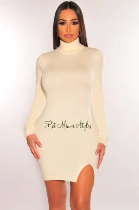 Cream Ribbed Knit Turtleneck Long Sleeve Sweater Dress