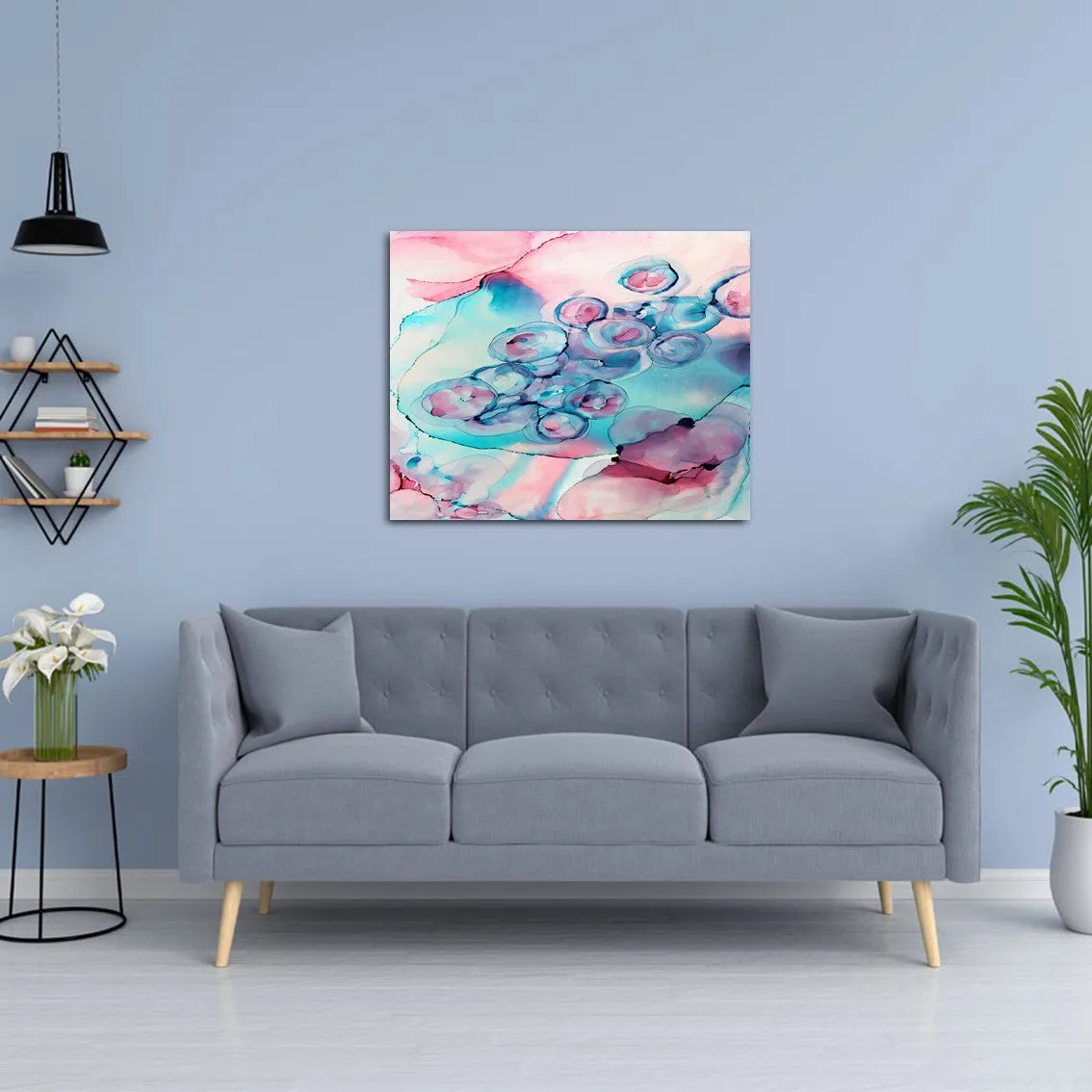 Framed horizontal agua blue & pink abstract alcohol ink art print