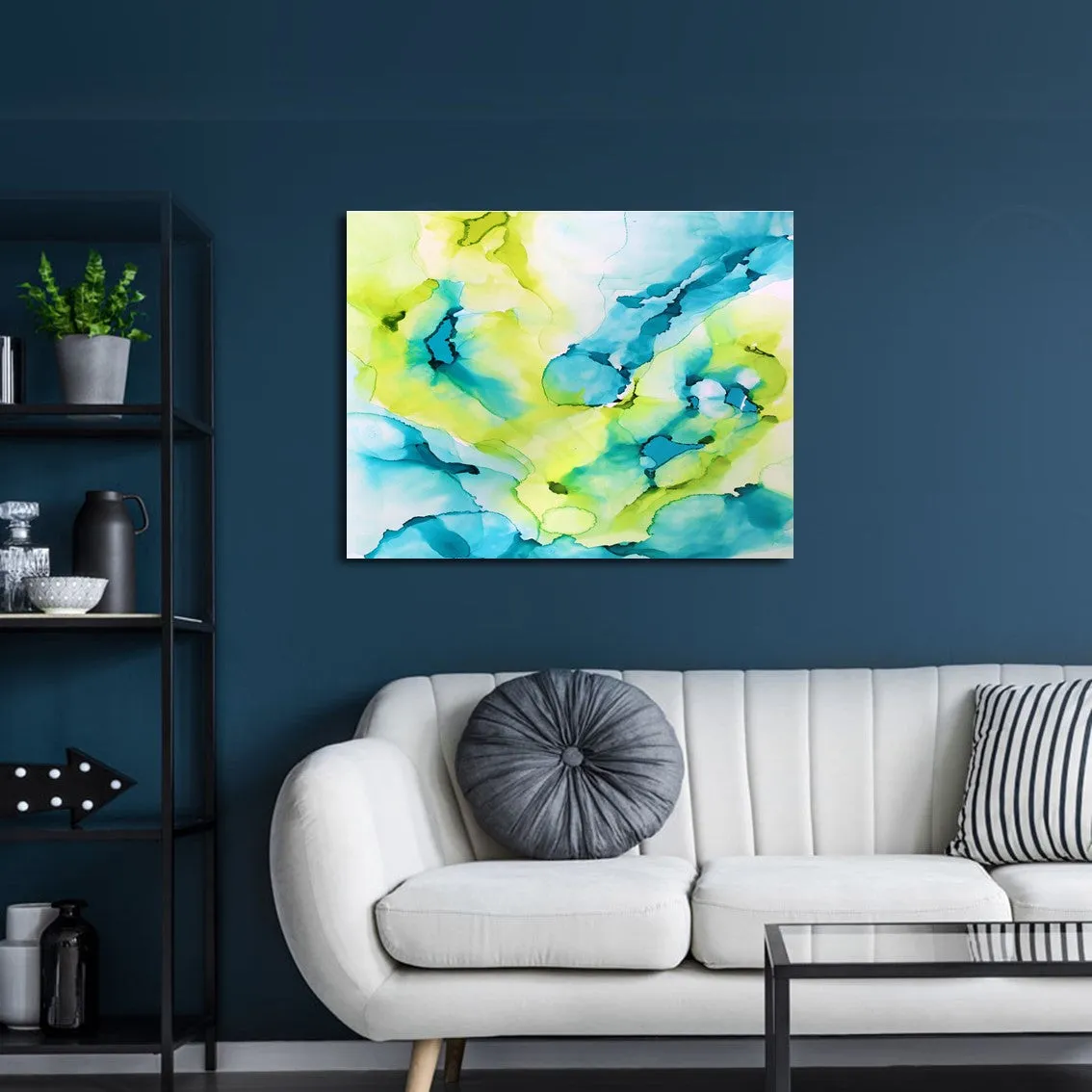 Framed horizontal aqua blue & lime green abstract alcohol ink art print