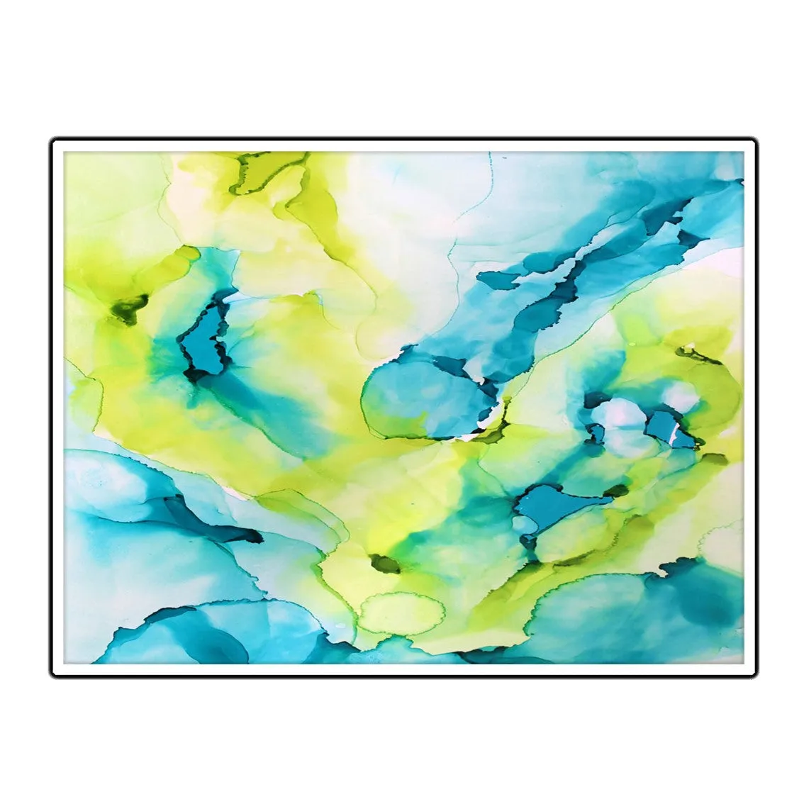 Framed horizontal aqua blue & lime green abstract alcohol ink art print