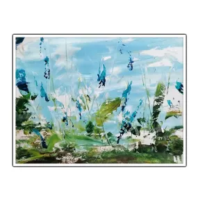 Framed horizontal blue & green abstract floral wall art print