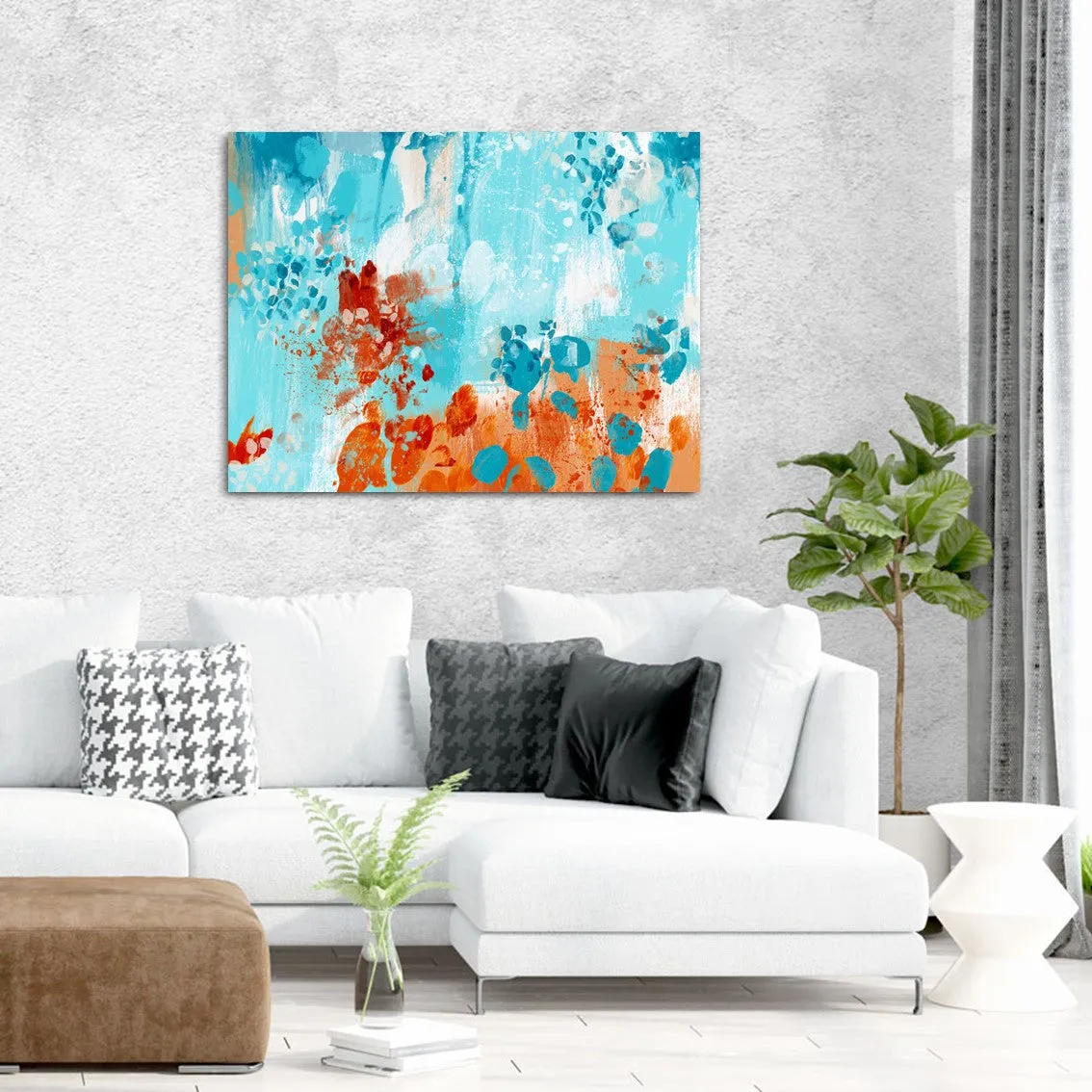 Framed horizontal blue & orange abstract wall art print