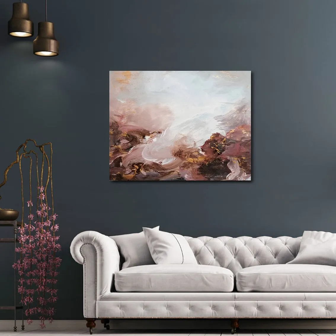 Framed horizontal pink & gold abstract wall art print