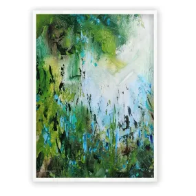 Framed vertical blue & green abstract floral wall art print