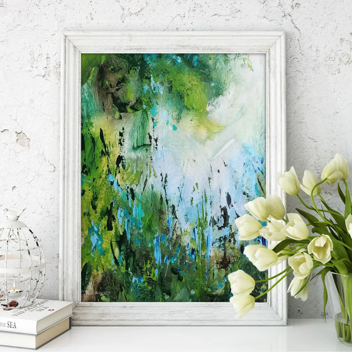 Framed vertical blue & green abstract floral wall art print