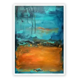 Framed vertical blue, teal & orange abstract landscape wall art print