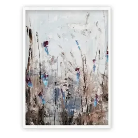 Framed vertical pale blue & purple abstract floral wall art print