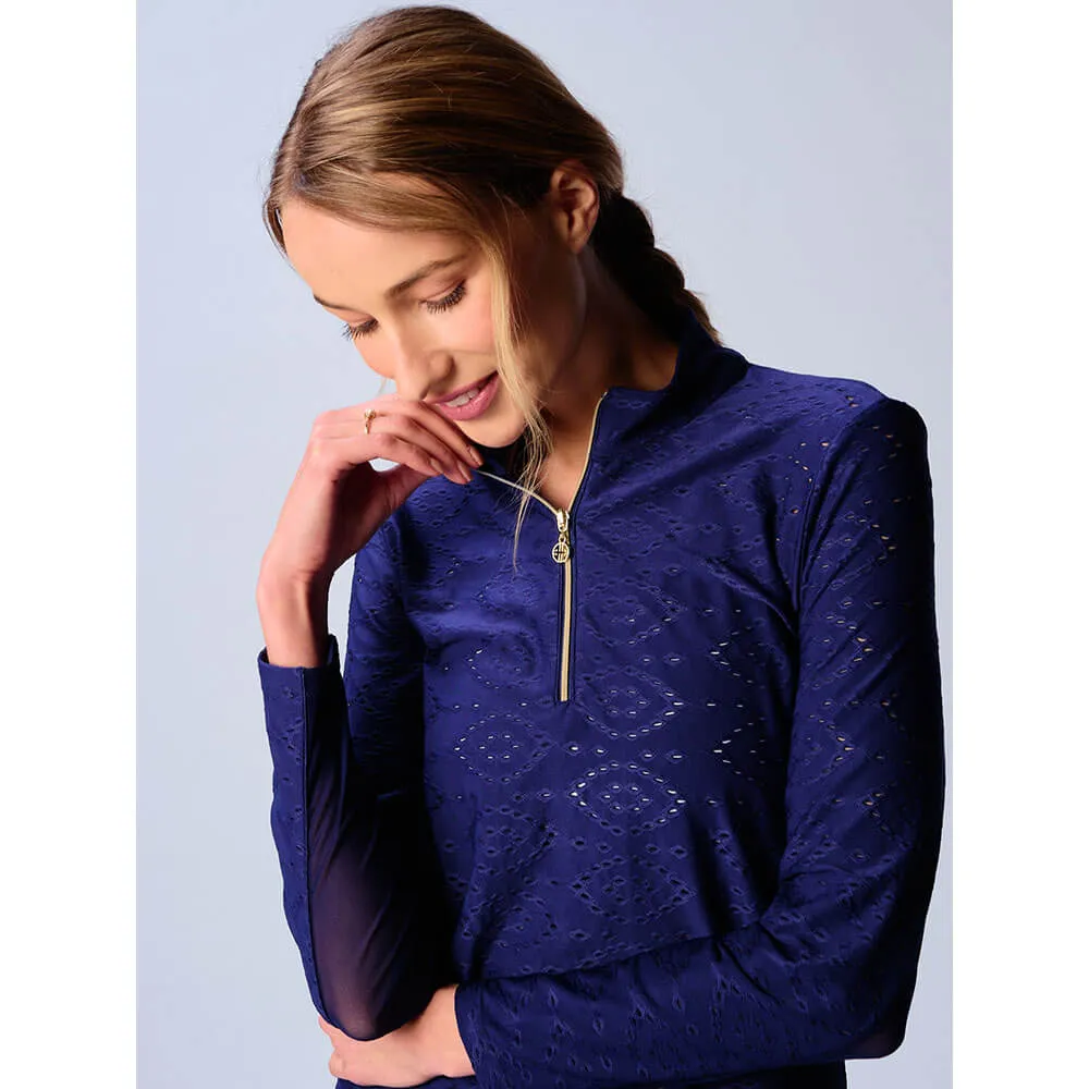 G Lifestyle Long Sleeve Print Zip Mock Neck Top - Navy Eyelet