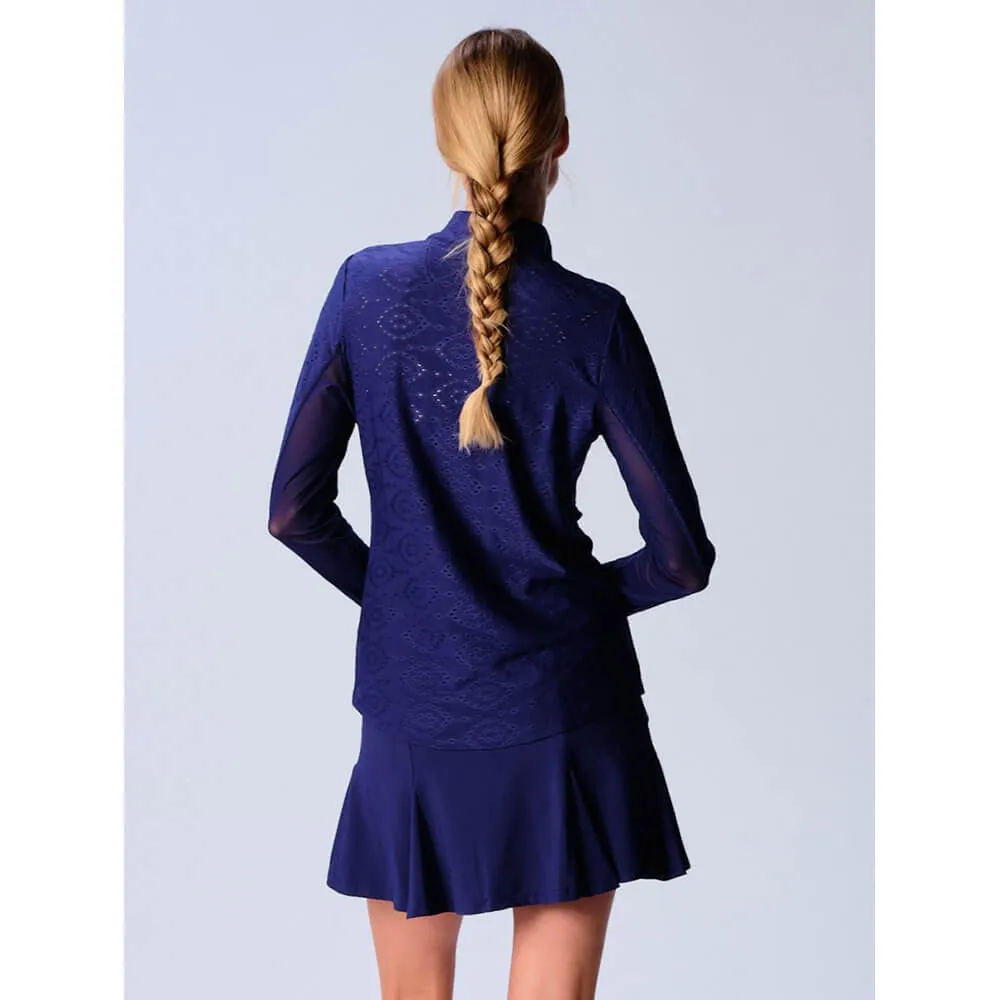 G Lifestyle Long Sleeve Print Zip Mock Neck Top - Navy Eyelet