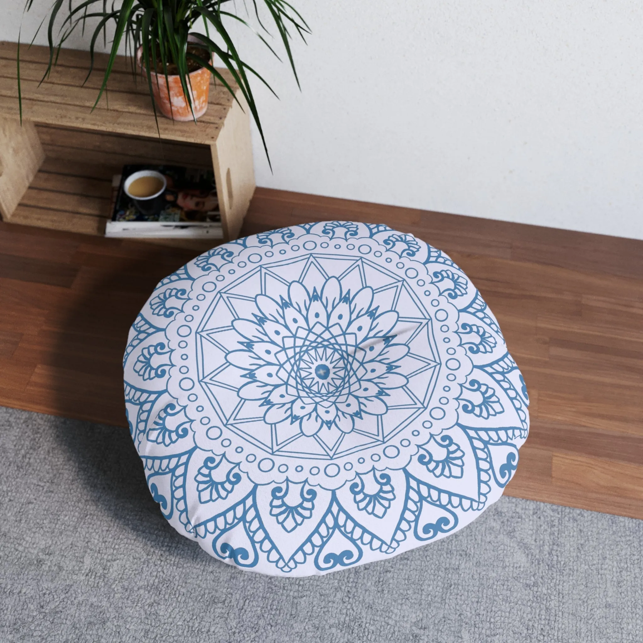 Handcrafted Mandala Art Floor Cushion - Steel Blue on Levander