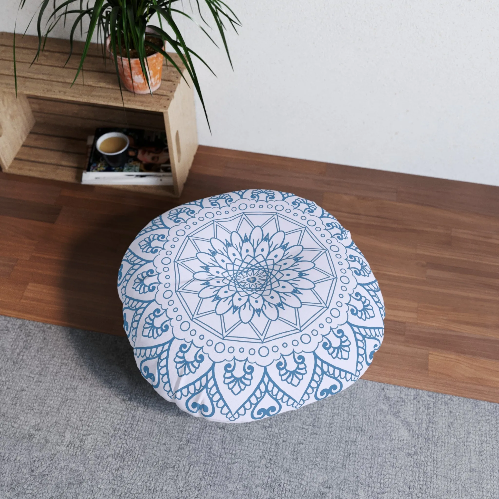 Handcrafted Mandala Art Floor Cushion - Steel Blue on Levander