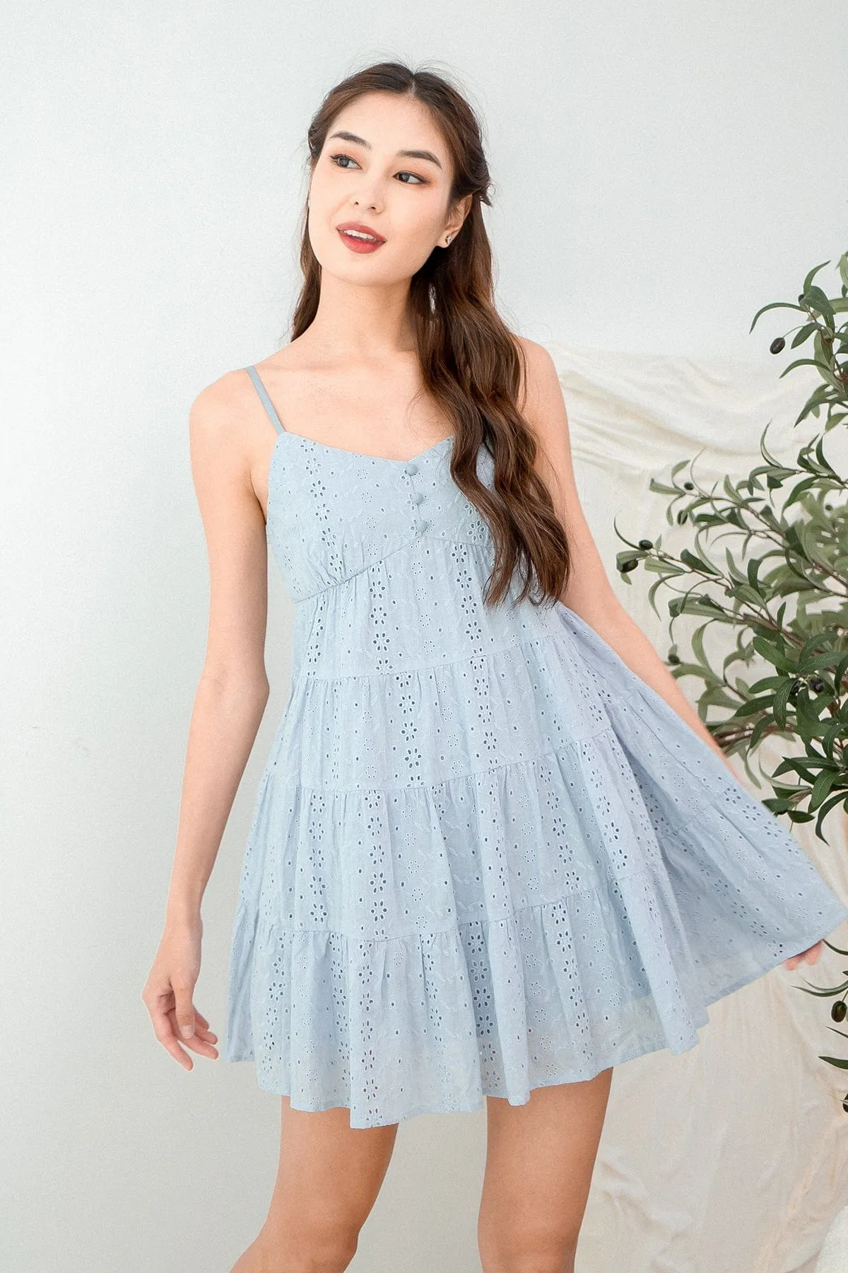 JEMMA EYELET MINI DRESS IN PERI BLUE