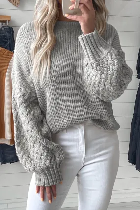 Light Grey Cable Knit Sleeve Drop Shoulder Sweater