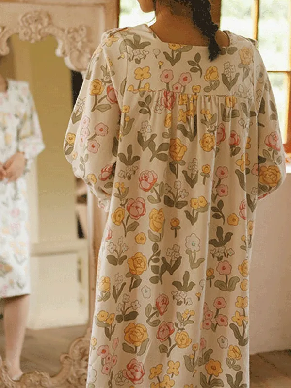 Long Sleeve Lace Trim Printed Nightgown