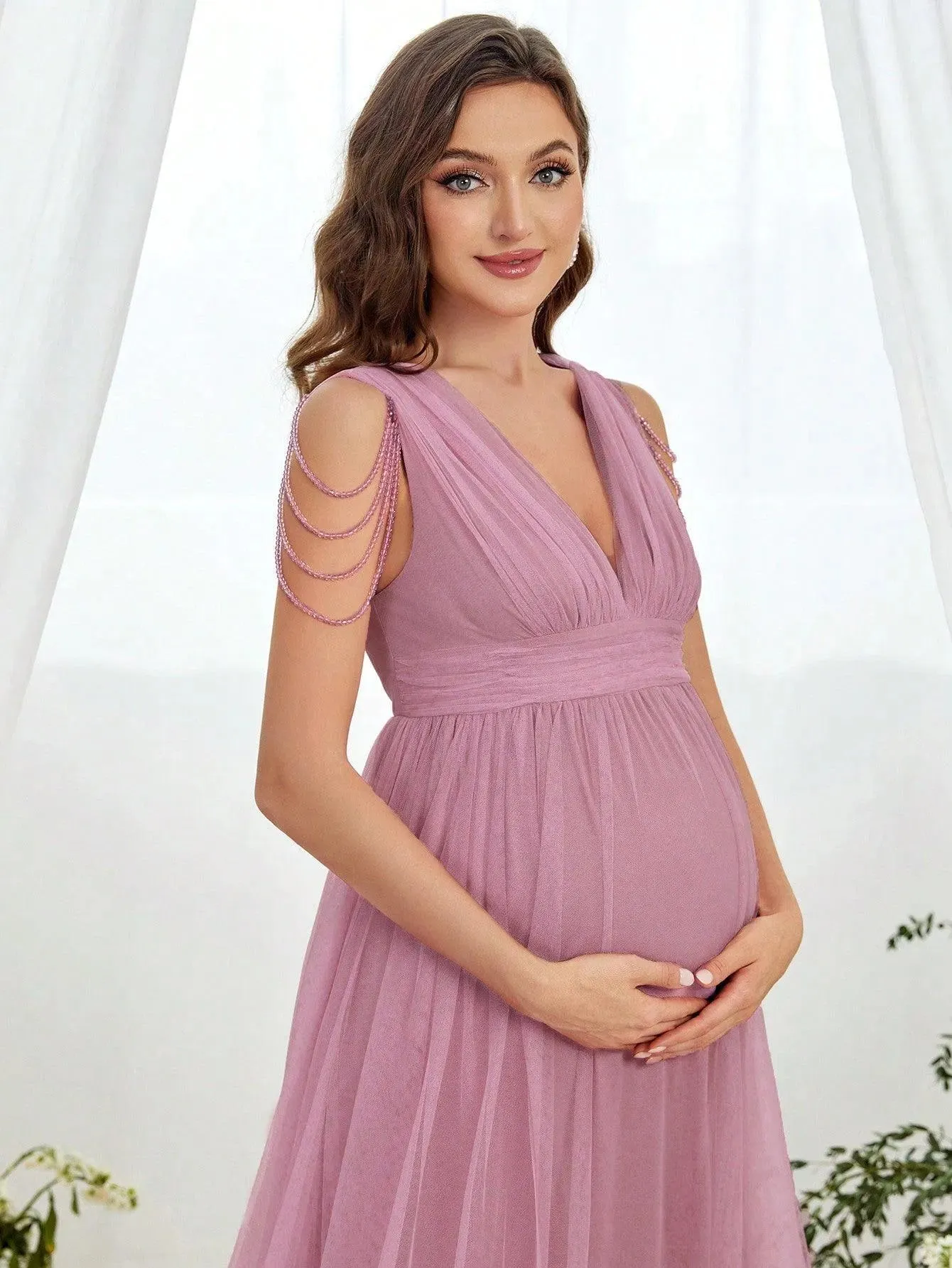 Maternity Chain Detail Plunging Neck Mesh Formal Dress