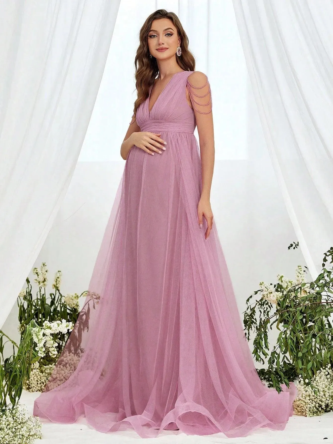 Maternity Chain Detail Plunging Neck Mesh Formal Dress