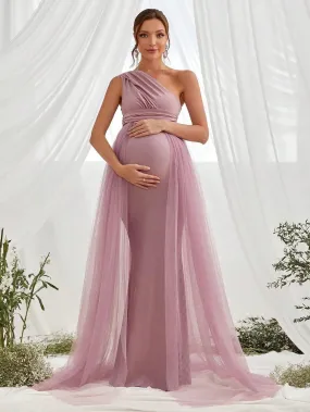 Maternity One Shoulder Contrast Mesh Mermaid Prom Dress