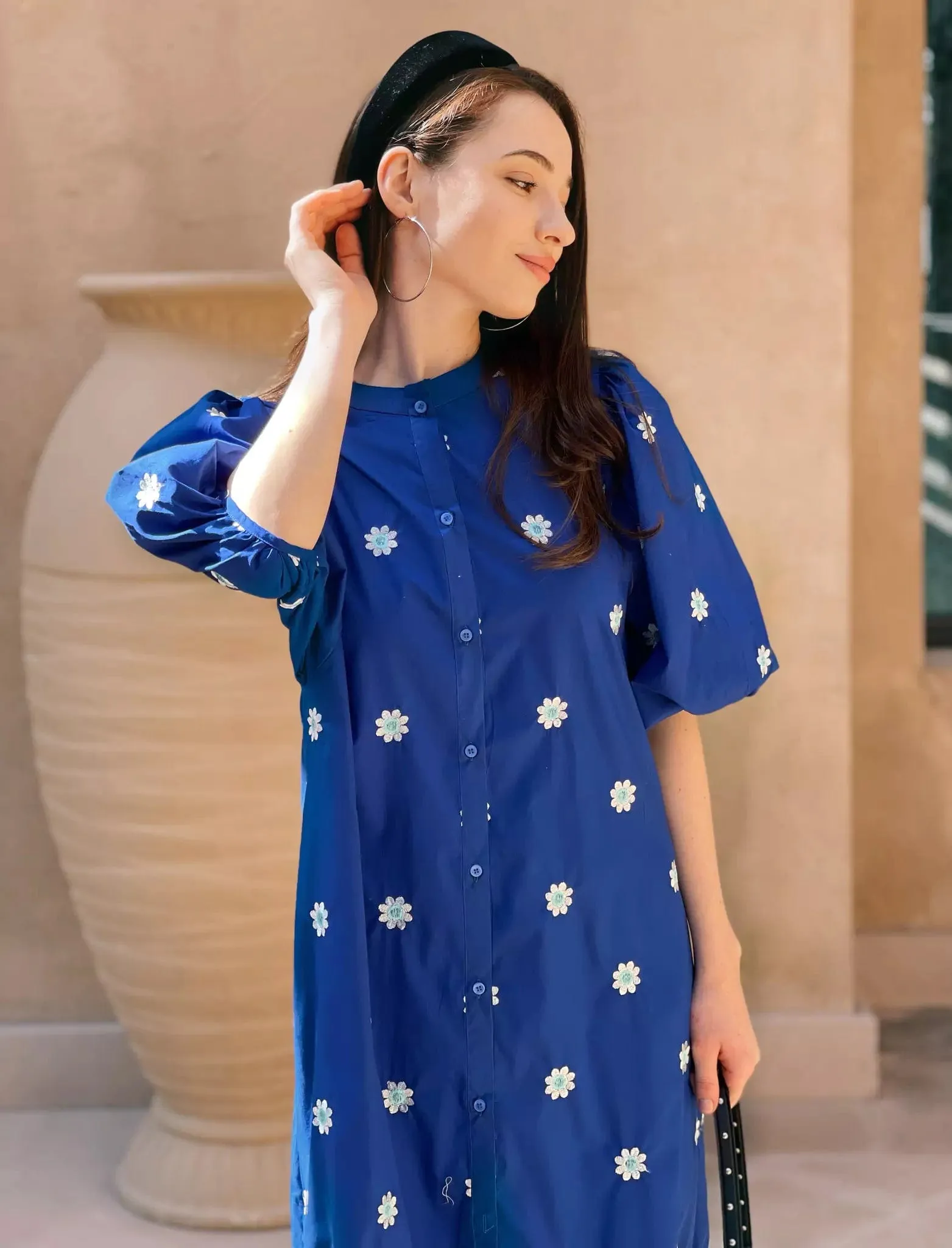 Mermaid Summer Cotton Embroidered Dress - Blue