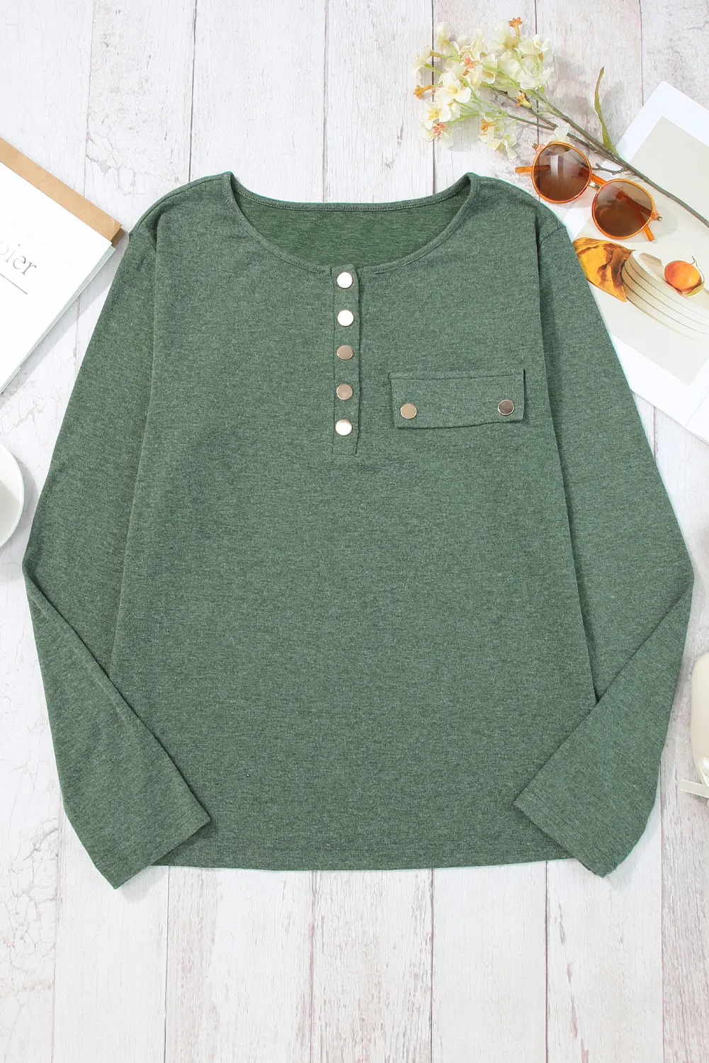 Mist Green Long Sleeve Snap Button Henley Top