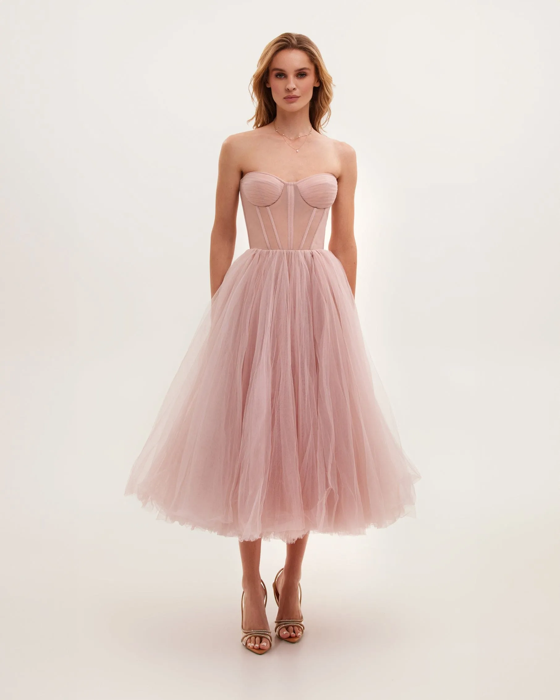 Misty Rose Strapless Puffy Midi Tulle Dress