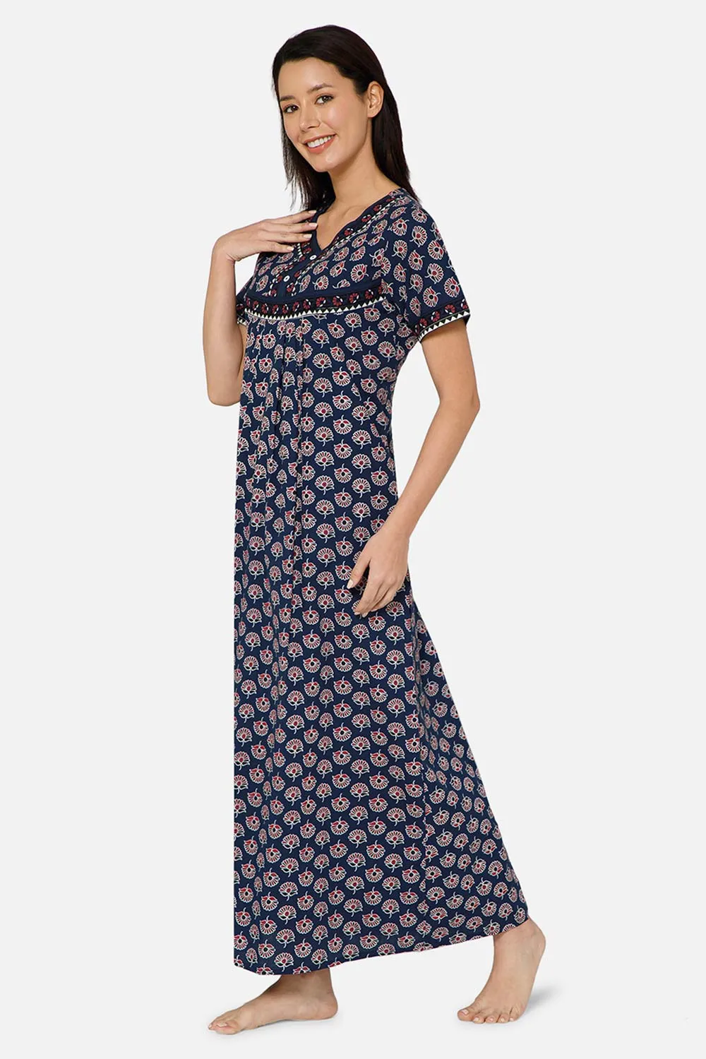 Naidu Hall Pleated Women's Nighty Full Length Half Sleeve  - Navy Blue - R126