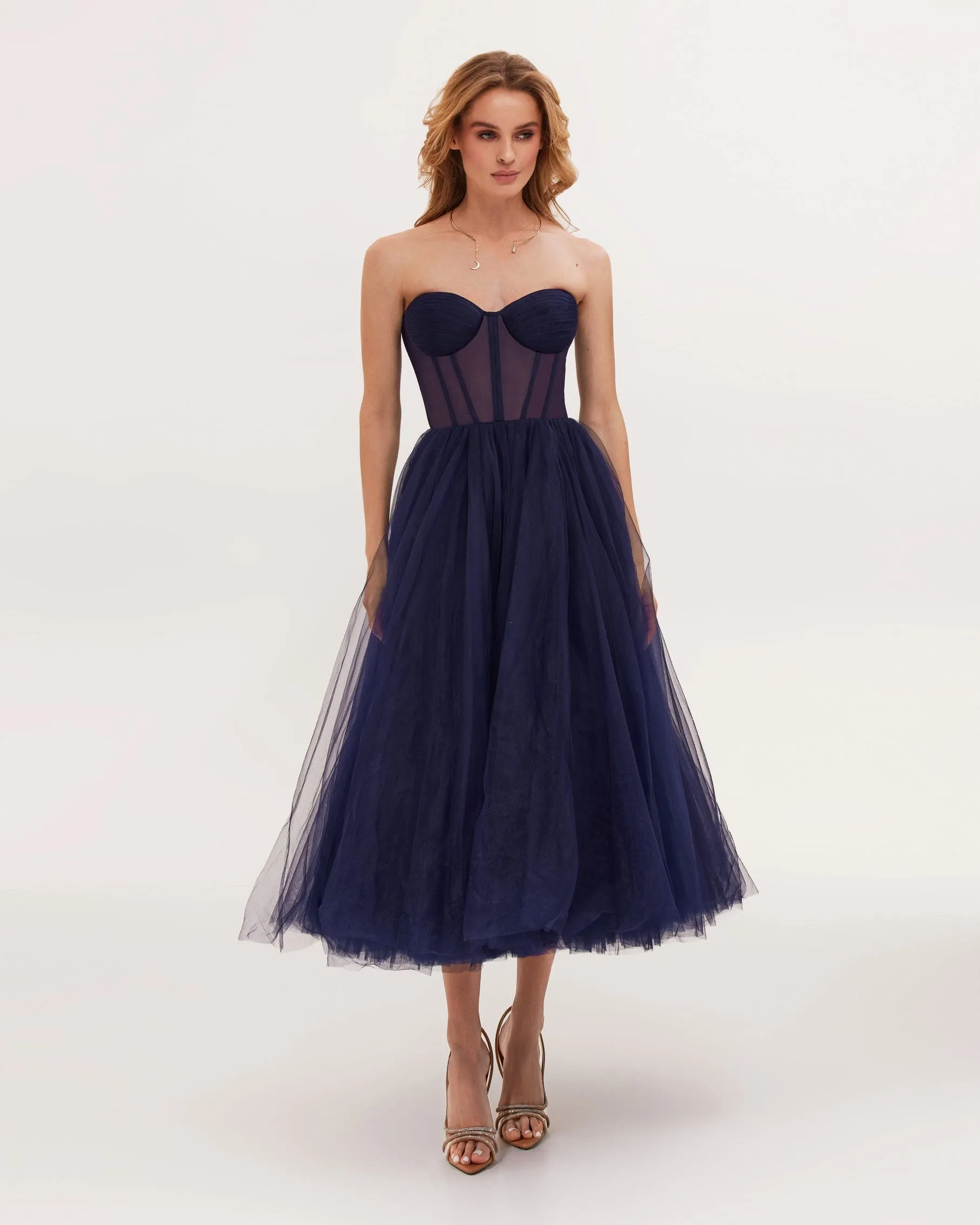 Navy Strapless Puffy Midi Tulle Dress