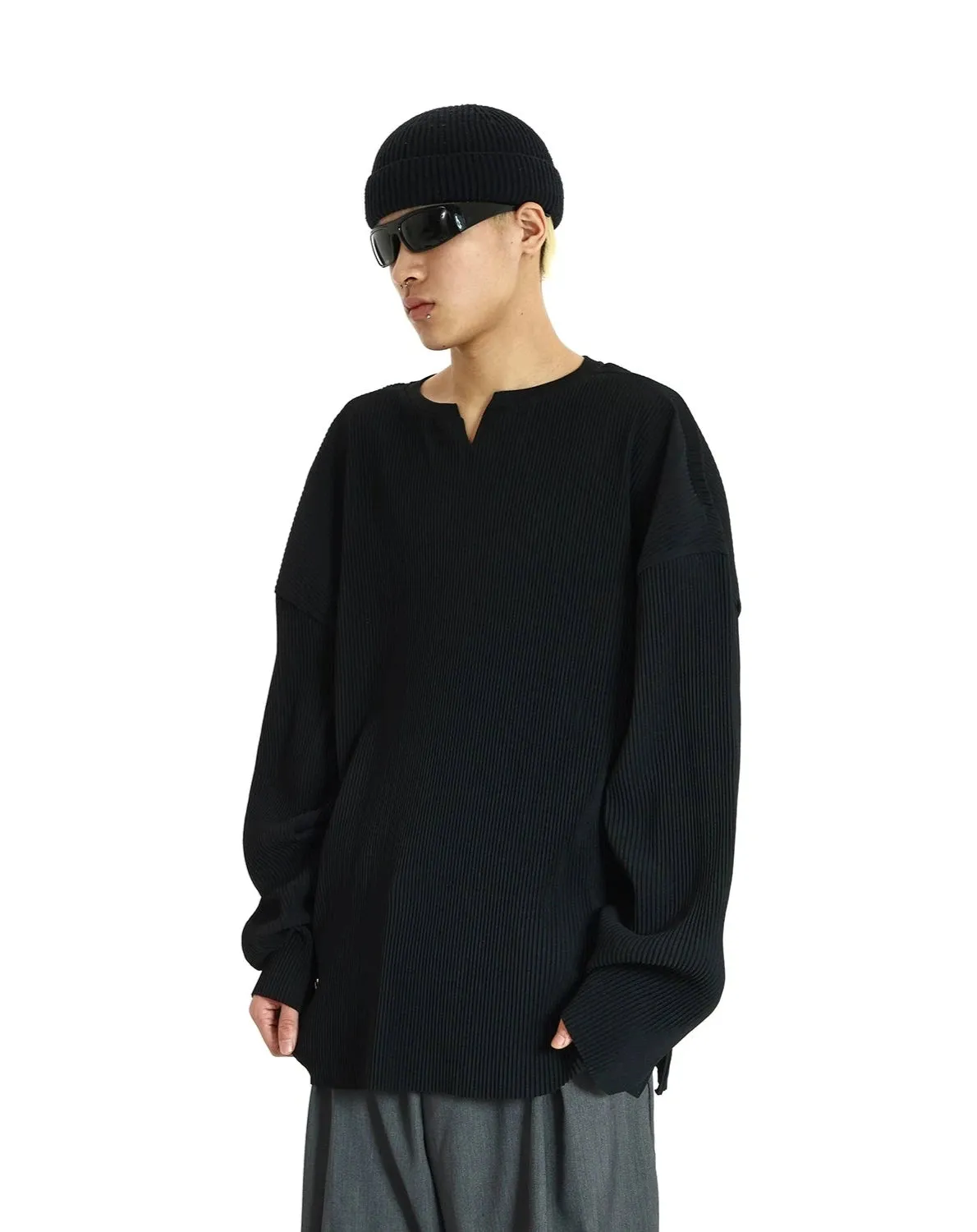 Oversized Ribbed V-Neck Pullover Long Sleeve Tee