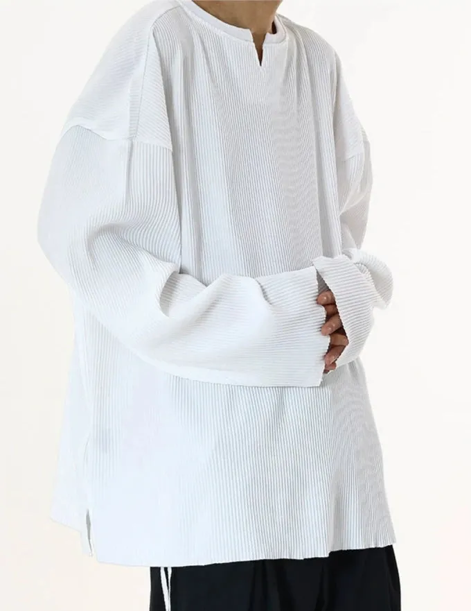 Oversized Ribbed V-Neck Pullover Long Sleeve Tee