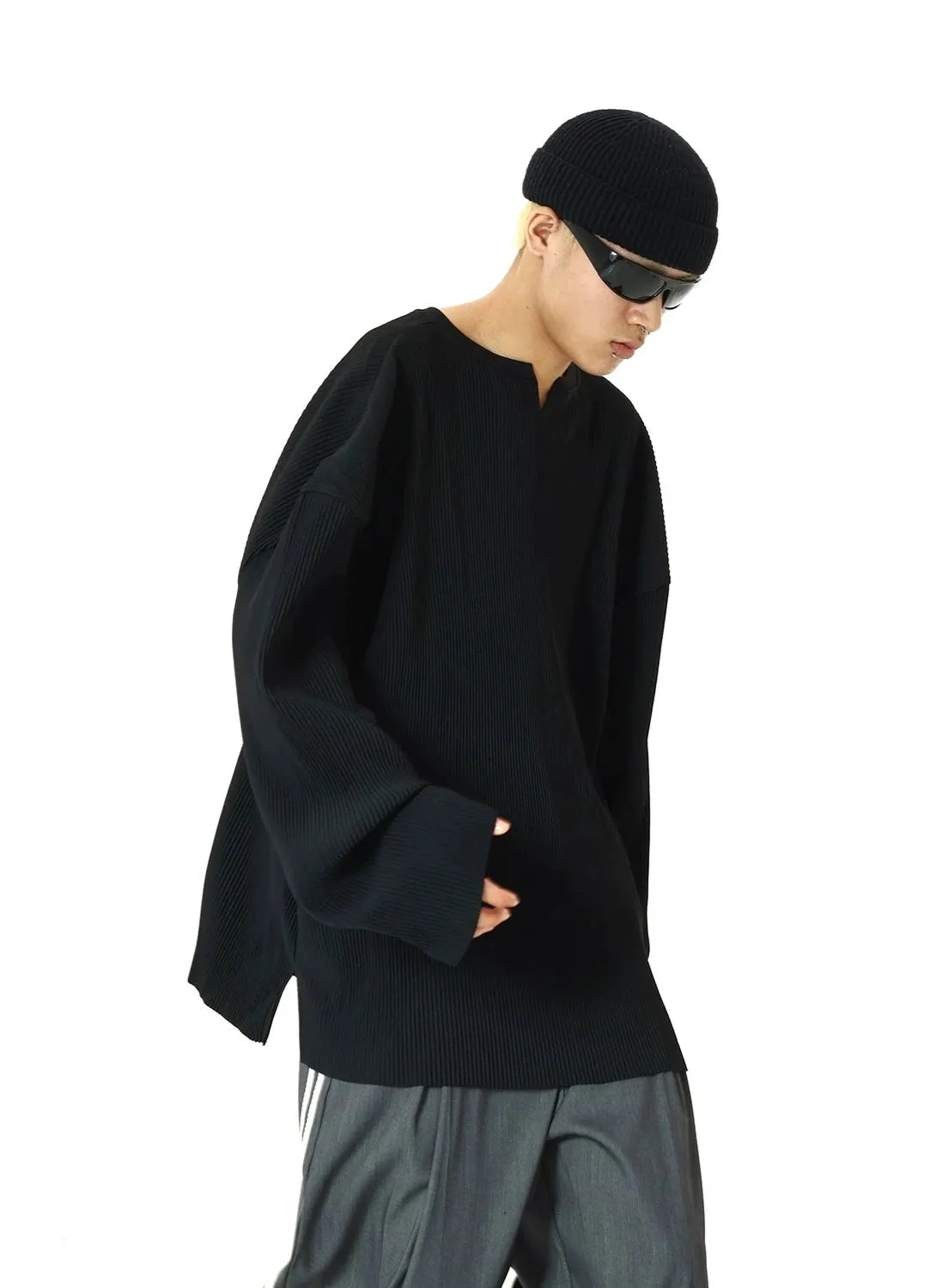 Oversized Ribbed V-Neck Pullover Long Sleeve Tee