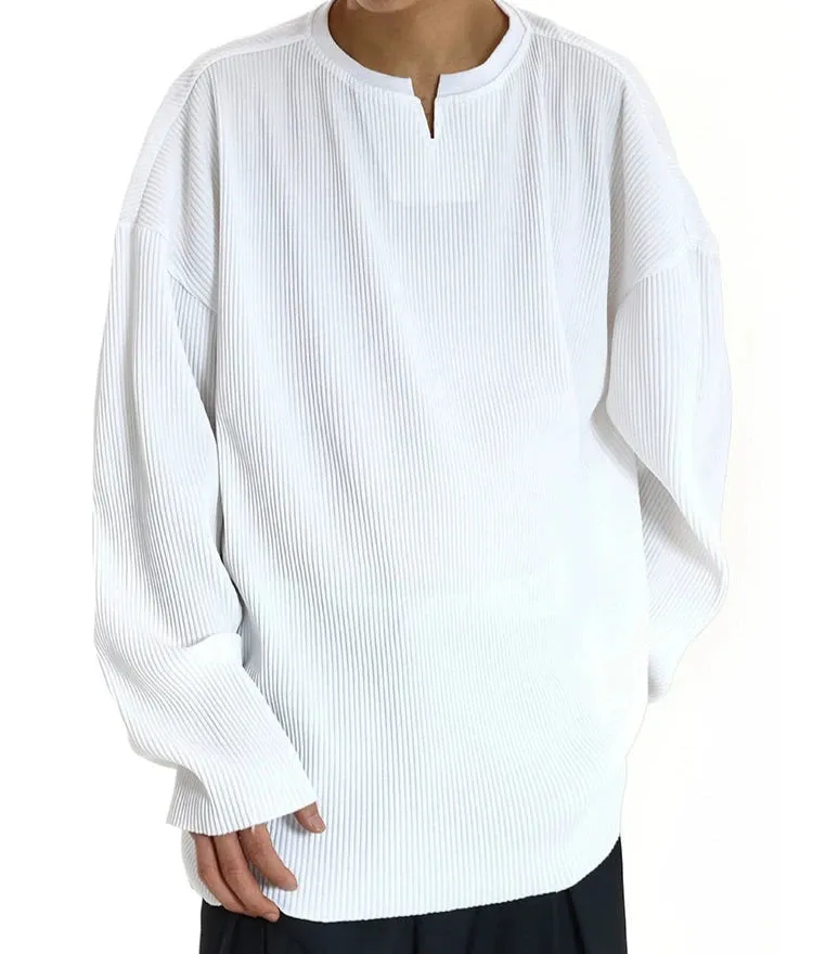 Oversized Ribbed V-Neck Pullover Long Sleeve Tee