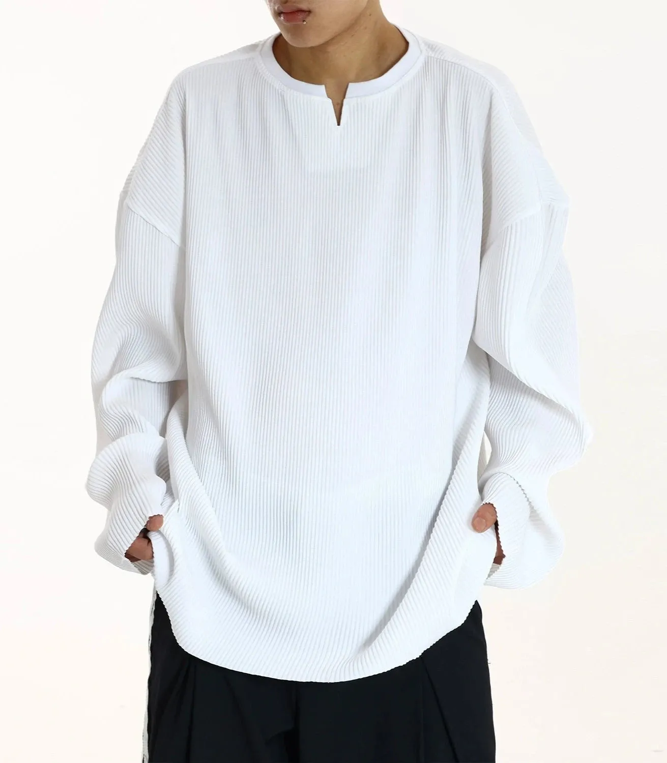 Oversized Ribbed V-Neck Pullover Long Sleeve Tee