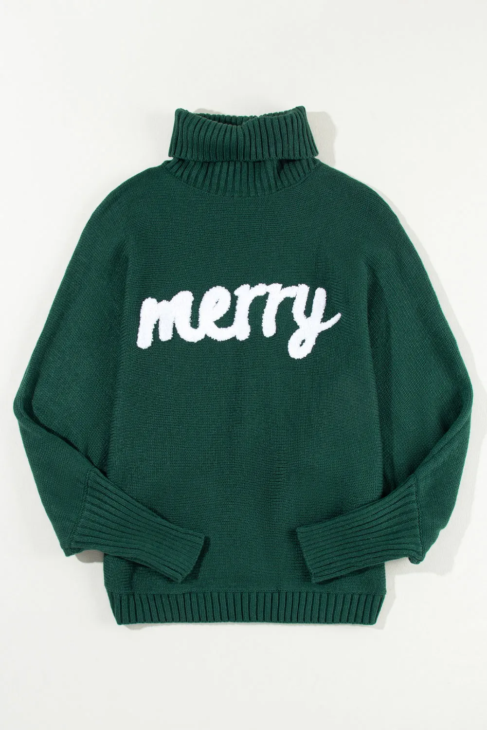 Red Merry Letter Embroidered High Neck Sweater