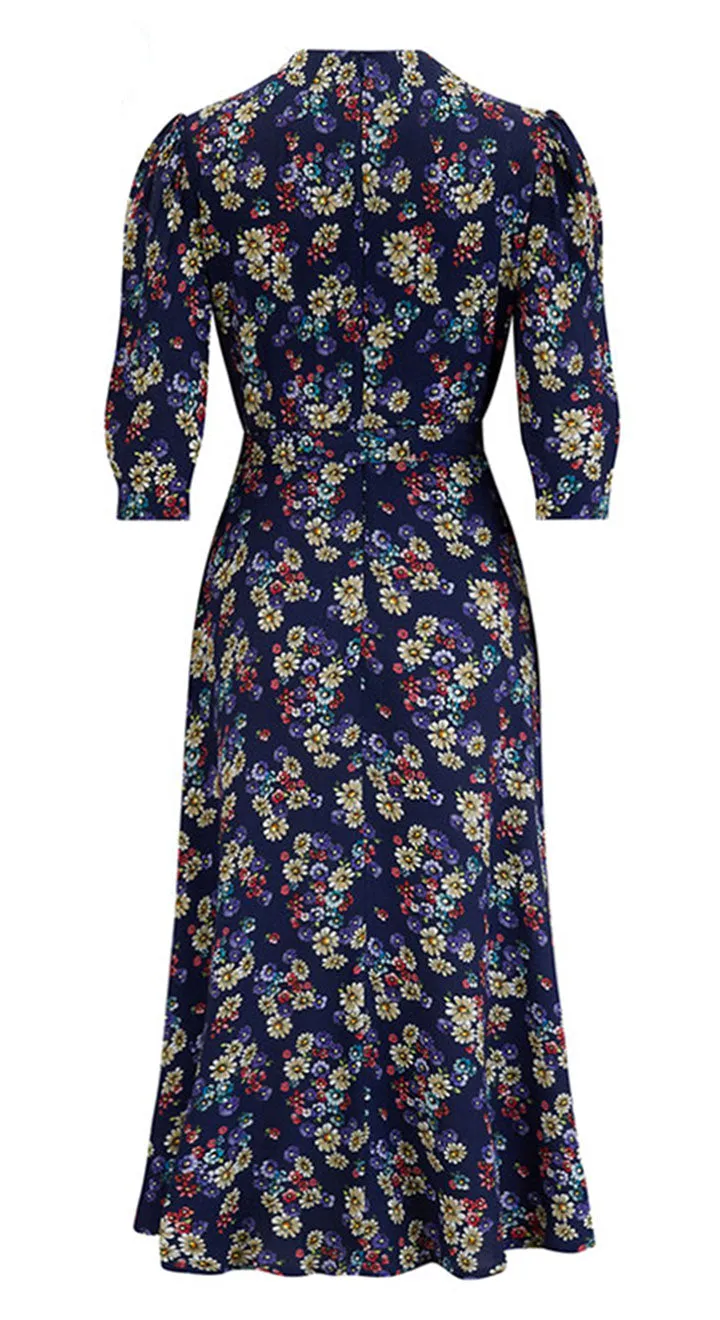 Rita Midi Dress in Navy Daisy Print