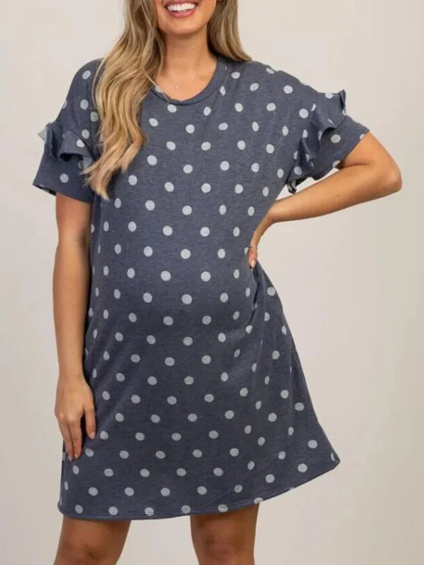 Women's Maternity Polka Dot Ruffle Sleeve Dress