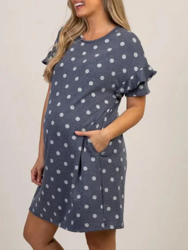 Women's Maternity Polka Dot Ruffle Sleeve Dress