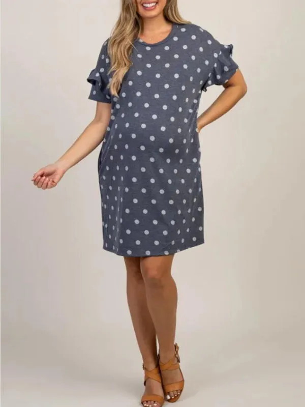 Women's Maternity Polka Dot Ruffle Sleeve Dress