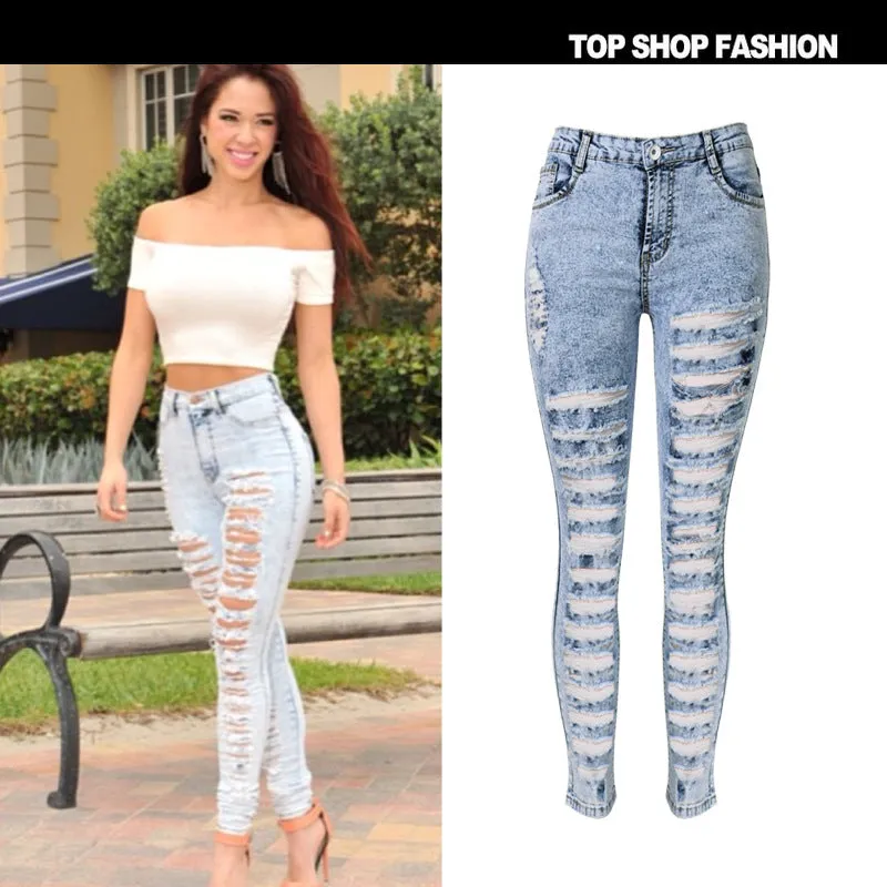 Women's Ripped Jeans Light Blue High Waisted Pencil Long Pants