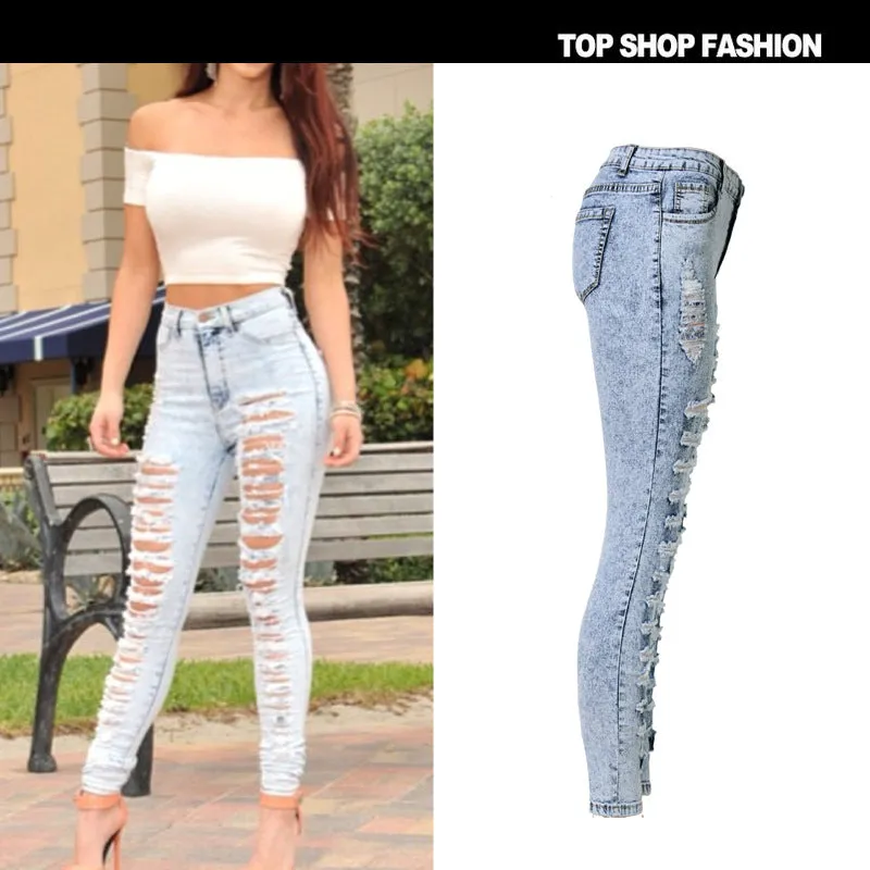 Women's Ripped Jeans Light Blue High Waisted Pencil Long Pants