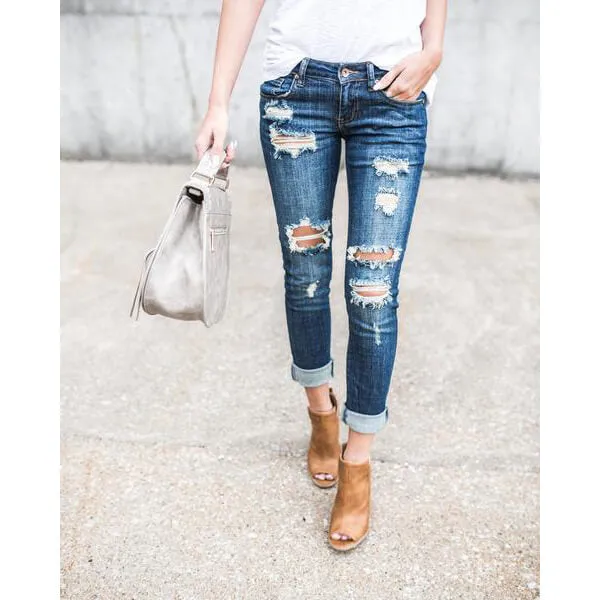 Women's Skinny Hole Destroyed Jeans Boyfriend Jeans Pencil Jeans